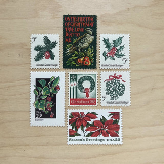 68 cent . Christmas Foliage Vintage Postage Stamps . Set of 5 Holiday Postage Stamps