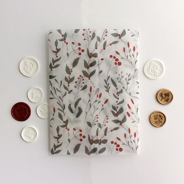 Red wild berries leafy branches printed vellum wrap for 5x7 card pack