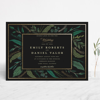 Emerald Leaves Foil-Pressed Wedding Invitations