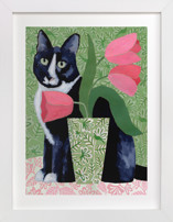 Tuxedo Cat Barry with Pink Tulips Children's Art Prints