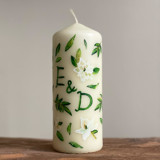Monogrammed Ivory with Magnolia and Greenery Hand-Painted 6” Pillar Candle, Set of 1 Candles & Holders