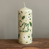 Monogrammed Ivory with Greenery and White Floral Hand-Painted 6” Pillar Candle, Set of 1 Candles & Holders