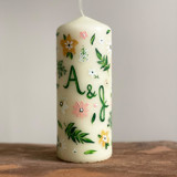 Monogrammed Ivory with Greenery and Pastel Floral Hand-Painted 6” Pillar Candle, Set of 1 Candles & Holders