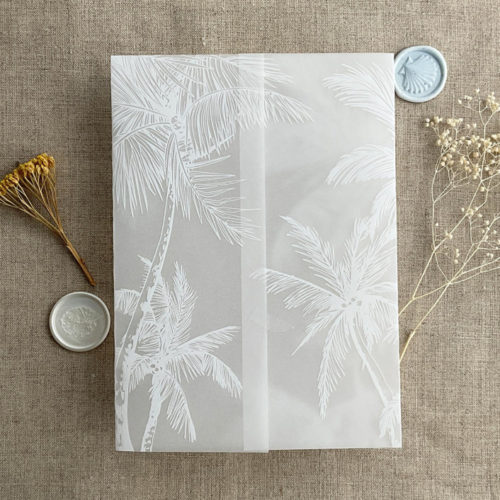 White ink print Palm trees beach side vellum wrap for 5x7 card pack