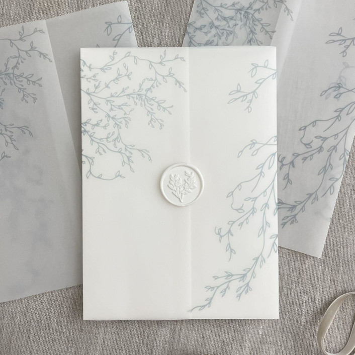 Dusty blue greenery vellum wrap for invitations Set of 10 Invitation