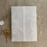 White ink print etched grand peony floral printed vellum wrap for 5x7 card  | pack of 10 Invitation Jackets and Overlays
