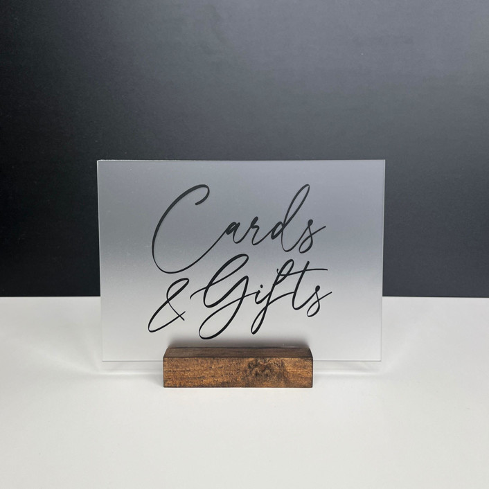 Frosted Acrylic Cards And Gifts Sign, Black Lettering And Walnut Wood