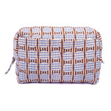 Striped Circles Blockprint Travel Pouch in Brown and Blue - Large Makeup Bag