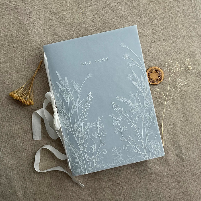 White ink PRINT on vellum covered English botanical garden Vow Book 5x7