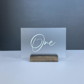 Frosted Acrylic Table Number, White Lettering And Walnut Wood Base Centerpieces and Tabletop Decor