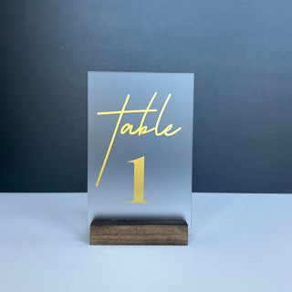 Frosted Acrylic Table Number, Gold Lettering And Walnut Wood Base Centerpieces and Tabletop Decor