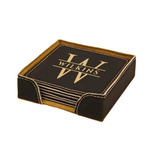 Set of Custom Six Square Vegan Leather Engraved Coaster Set Couple gifts