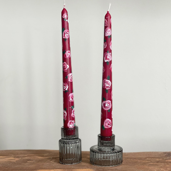 Red with Pink Rose Floral HandPainted Taper Candles, Set of 2 Candles