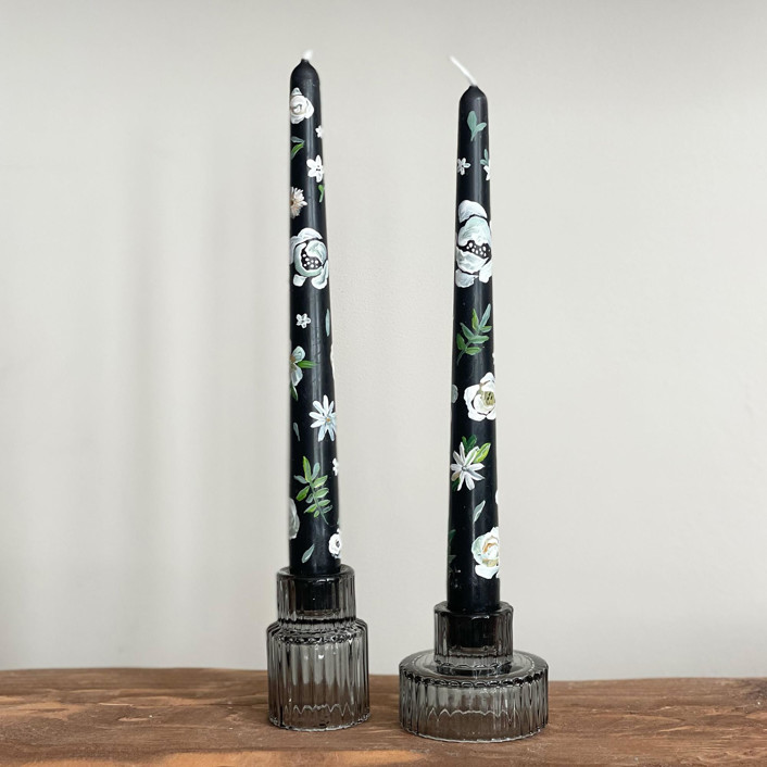 Black with White Floral HandPainted Taper Candles, Set of 2 Candles by