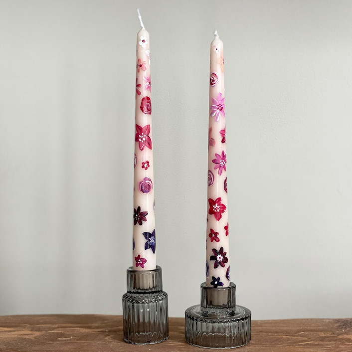 Cream with Pink and Purple Ombre Floral handPainted Taper Candles