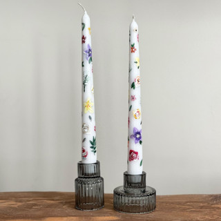 White Multicolor Floral Hand-Painted Taper Candles, Set of 2 Candles