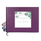Custom Wedding Guest Book · Tropical Floral Bouquet · Dark Purple Linen Guest books