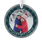 Green and Blue Christmas Plaid with Family Name and Photo Jade Glass Round Ornament Ornaments