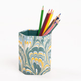Hand-Marbled Pencil Holder Organizer in Blue Marbling Pencil Case