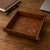 Personalized Rustic Vegan Leather Valet Tray for Men | Custom EDC Catch All Tray Vanity Trays and Dishes
