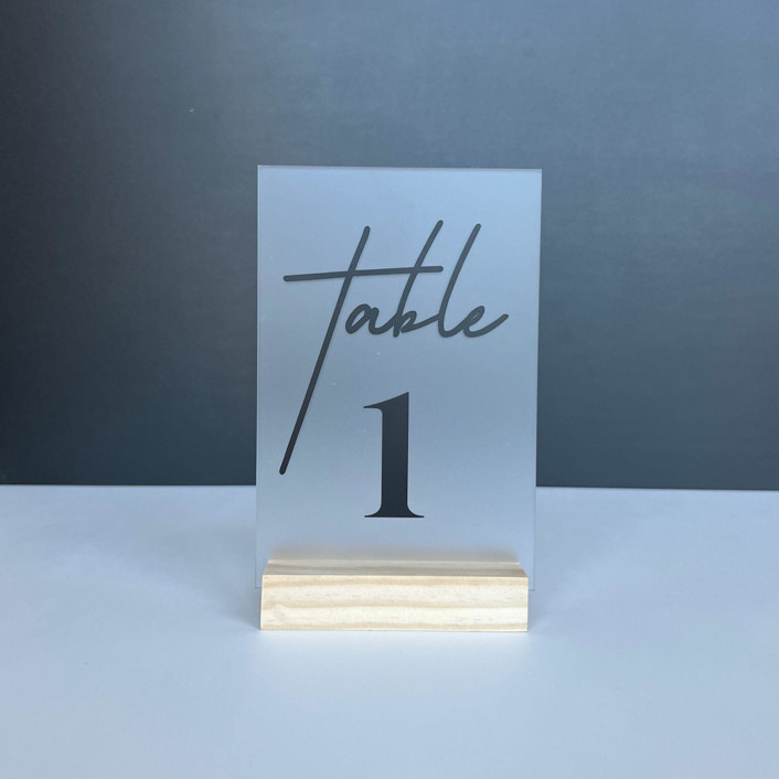Frosted Acrylic Table Number, Black Lettering And Natural Wood Base