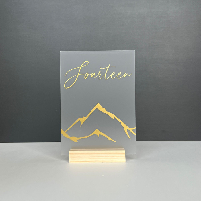 Frosted Acrylic Mountain Table Number, With Gold Lettering and Natural