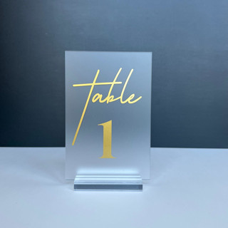 Frosted Acrylic Table Number, Gold Lettering And Clear Acrylic Base Table Numbers