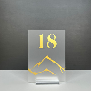 Frosted Acrylic Mountain Table Number, With Gold Lettering and Acrylic Base Table Numbers