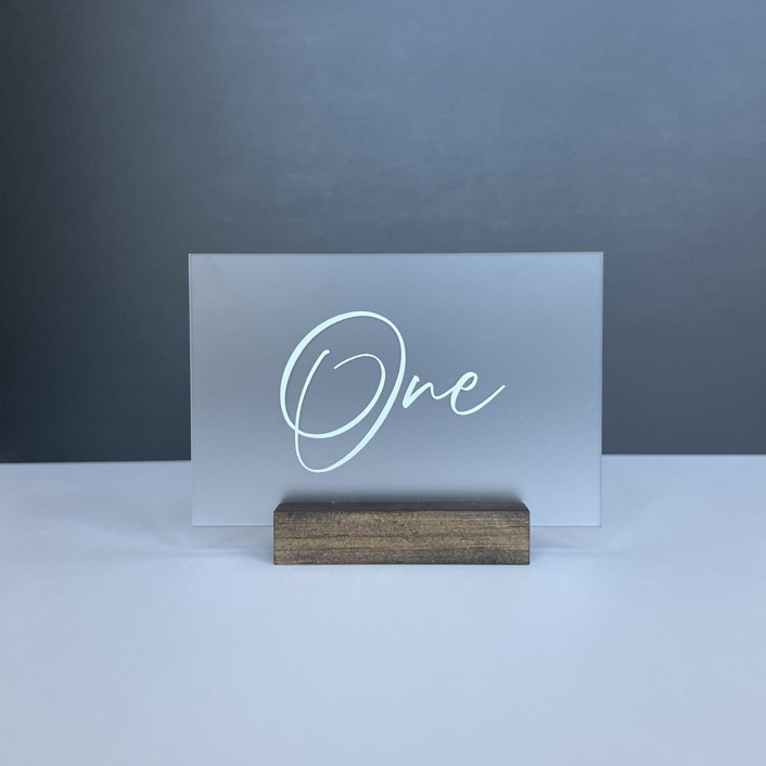 Frosted Acrylic Table Number, White Lettering And Walnut Wood Base