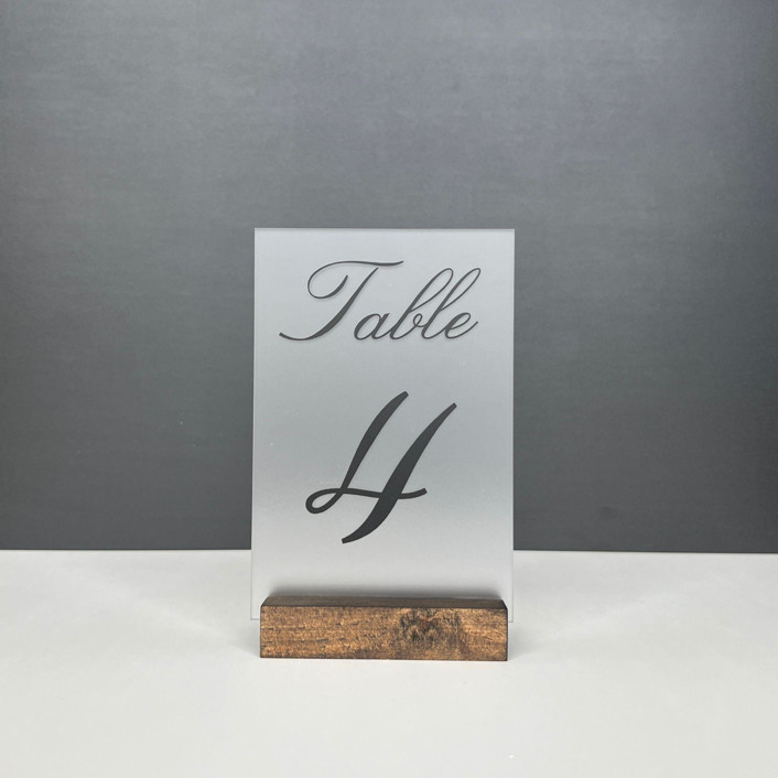 Frosted Acrylic Table Number, Black Lettering And Walnut Wood Base
