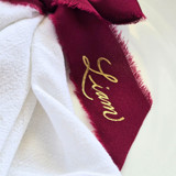 Personalized Hand-Written and Hand-Foiled Fringed Wine Red Chiffon Ribbon- Set of 10