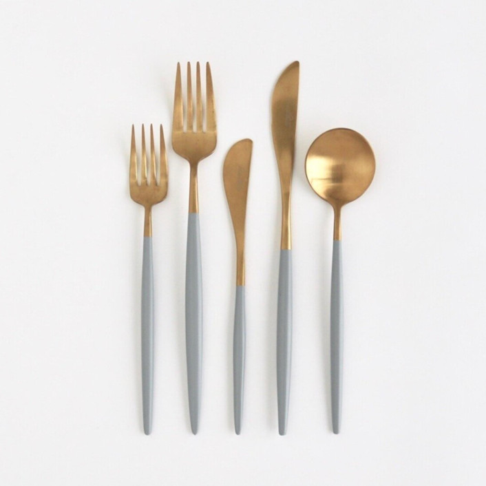 LUNA FLATWARE // 5 PIECE SET IN GREY + GOLD Wedding Serving and Dining